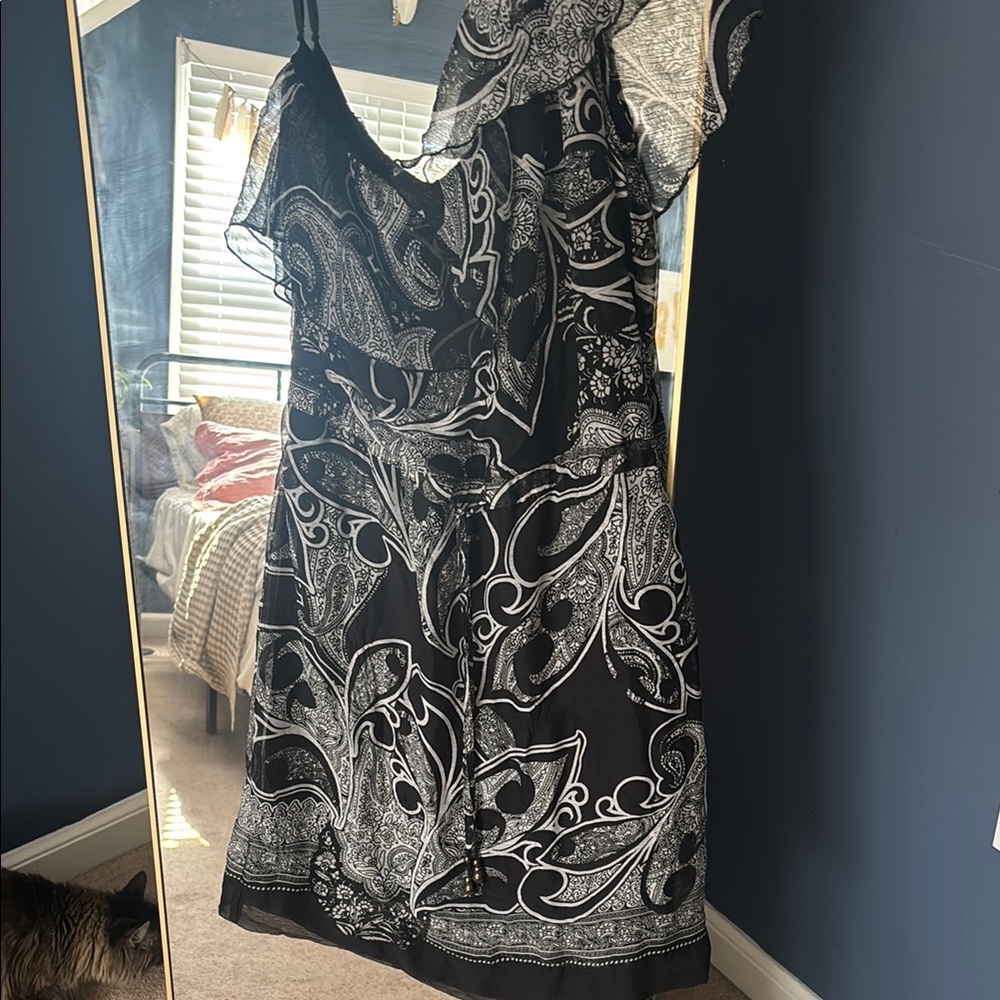 New York & Company Black and White Paisley One Shoulder Dress